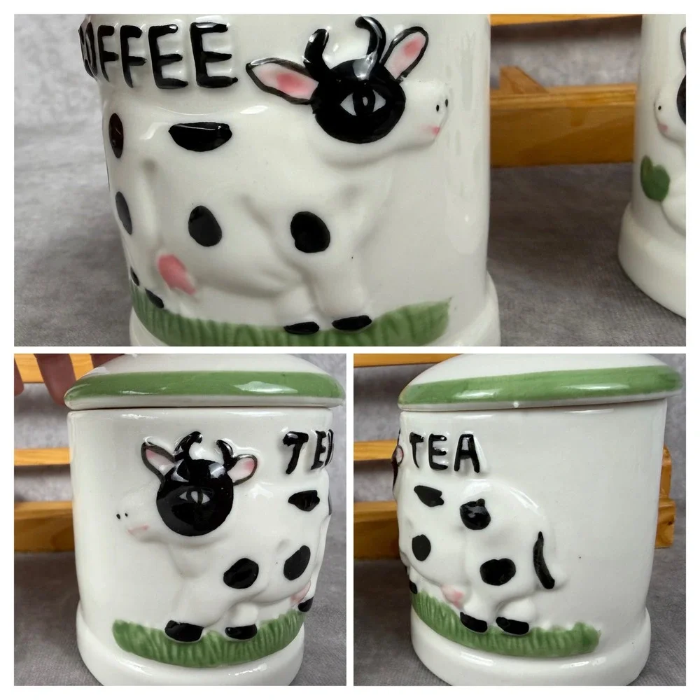Vtg Casdia Ceramic Cow Canister Set 4Pc Wood Hanging Rack Coffee Sugar Tea Farm